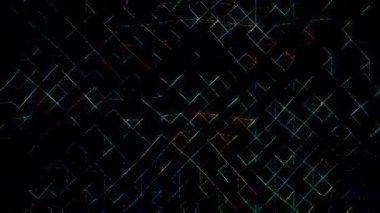 Canlandırılmış üç boyutlu çizgiler ve siyah arkaplanda renkli ışık noktaları, hafif titreyen ışık parlıyor