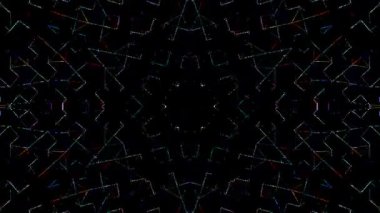 Canlandırılmış üç boyutlu çizgiler ve siyah arkaplanda renkli ışık noktaları, hafif titreyen ışık parlıyor