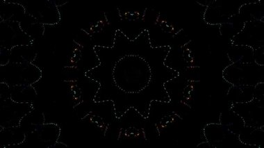 Canlandırılmış 3D soyut. Eğri çizgiler ve renkli ışık noktaları siyah arkaplan, pürüzsüz daire