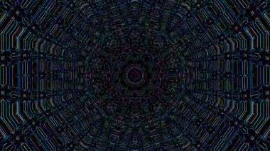 Canlandırılmış 3D soyut. Eğri çizgiler ve renkli ışık noktaları siyah arkaplan, pürüzsüz daire