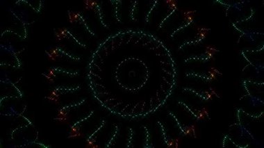 Canlandırılmış 3D soyut. Eğri çizgiler ve renkli ışık noktaları siyah arkaplan, pürüzsüz daire