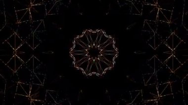 Canlandırılmış 3D soyut. Eğri çizgiler ve renkli ışık noktaları siyah arkaplan, pürüzsüz daire