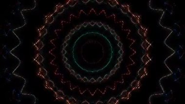 Canlandırılmış 3D soyut. Eğri çizgiler ve renkli ışık noktaları siyah arkaplan, pürüzsüz daire