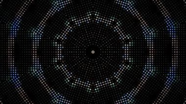 Canlandırılmış 3D soyut. Eğri çizgiler ve renkli ışık noktaları siyah arkaplan, pürüzsüz daire