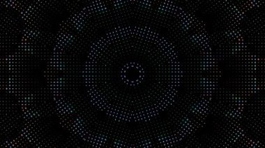 Canlandırılmış 3D soyut. Eğri çizgiler ve renkli ışık noktaları siyah arkaplan, pürüzsüz daire