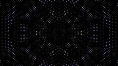 Canlandırılmış 3D soyut. Eğri çizgiler ve renkli ışık noktaları siyah arkaplan, pürüzsüz daire