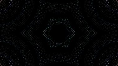 Canlandırılmış 3D soyut. Eğri çizgiler ve renkli ışık noktaları siyah arkaplan, pürüzsüz daire