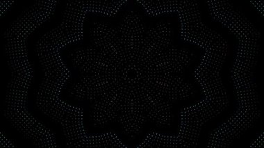 Canlandırılmış 3D soyut. Eğri çizgiler ve renkli ışık noktaları siyah arkaplan, pürüzsüz daire