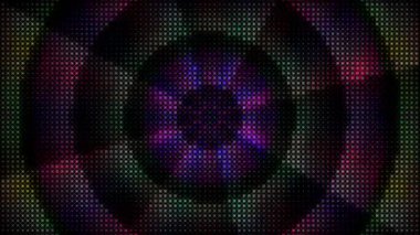 Canlandırılmış 3D soyut. Eğri çizgiler ve renkli ışık noktaları siyah arkaplan, pürüzsüz daire