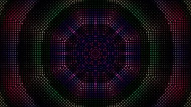 Canlandırılmış 3D soyut. Eğri çizgiler ve renkli ışık noktaları siyah arkaplan, pürüzsüz daire