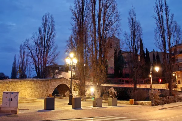 Solnedgång Katolska Kyrkan San Juan Och Medeltida Bro Aranda Duero — Stockfoto