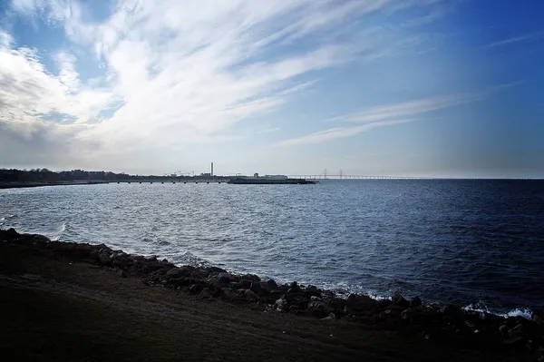 Parcheggiare Ribersborg Spiaggia Nella Costa Della Città Malmo Svezia Ponte — Foto Stock