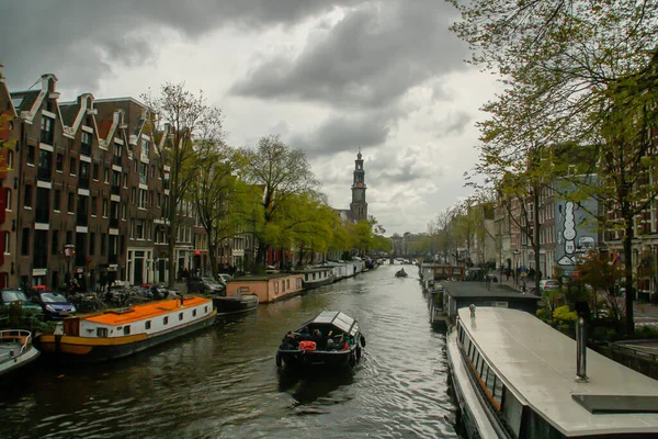 Ámsterdam Holanda 2016 Barco Turístico Canal Prinsengracht Street Típico Canal —  Fotos de Stock