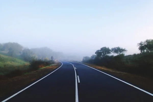 Ранковий Туман Сільській Дорозі Іспанії 4402 Дорога Між Ель Гранадо — стокове фото