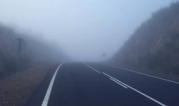 Ранковий Туман Сільській Дорозі Іспанії 4402 Дорога Між Ель Гранадо — стокове фото