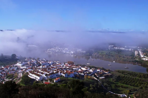 Sanlucar Guadiana Spain Alcoutim Portugal Morning Fog Two Towns Located — стоковое фото