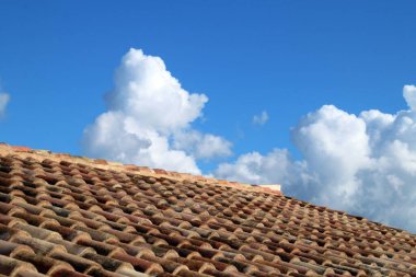 Roof of the dependencies of the castle of San Marcos in Sanlucar de Guadiana, Huelva, Spain. New roof tiles after the restoration of this historic fortress from the wars between Spain and Portugal.
