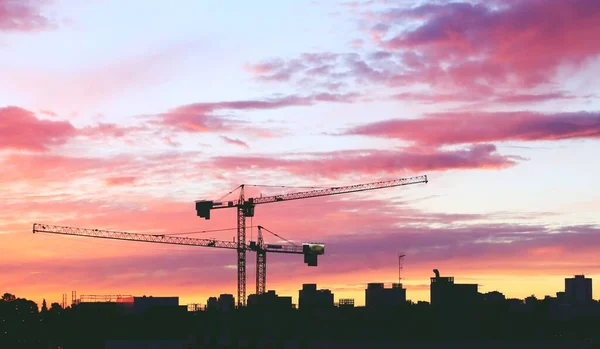 Construction Tower Cranes Sunset Montecarmelo Neighborhood Madrid Spain Silhouette Cranes — Stock fotografie