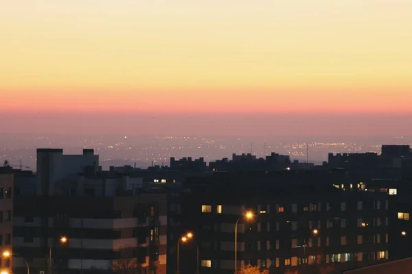 Sonnenuntergang Warmen Tönen Der Skyline Der Stadt Madrid Spanien Dunst — Stockfoto