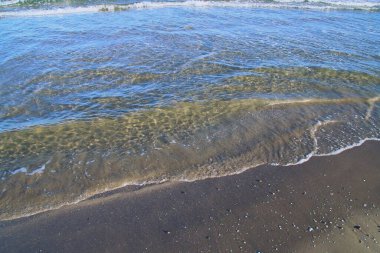 Akdeniz 'in altın kumu üzerinde yumuşak bir dalga. İspanya 'nın Valencia kentindeki Cabanyal plajında el sallayın..