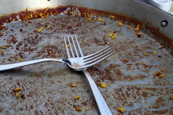 Spanya Valencia Palmar Bir Restoranda Yenmiş Taze Paella Paella Tavasını — Stok fotoğraf
