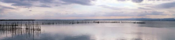 Fishing Nets Stranded Lagoon Sunset Landscape Albufera Valencia Cloudy Winter — Stockfoto