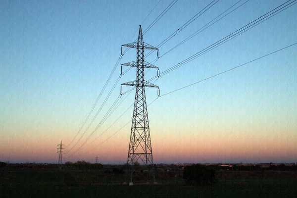 Silhouette High Voltage Towers Conduction Electricity Image Taken Sunset Last — ストック写真