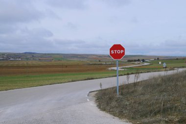 İspanya, Torrechoma del Campo 'daki La Torresavinan çıkışındaki GU-928 yolunda dur işareti. Ekim için hazırlanan tarlalar Mart ayında sürüldü.