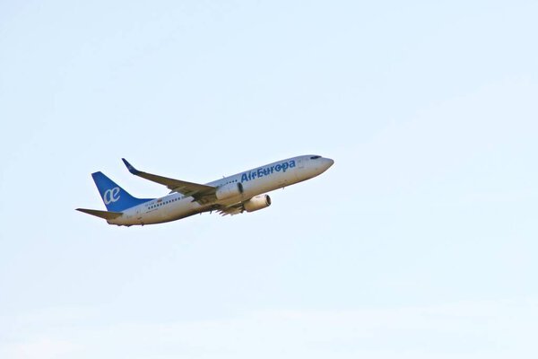 Madrid Spain. 04 13 2019. AirEuropa plane taking off from Madrid-Barajas Adolfo Suarez airport. Air Europa Boeing 737 NG Max registration (EC-LPR).