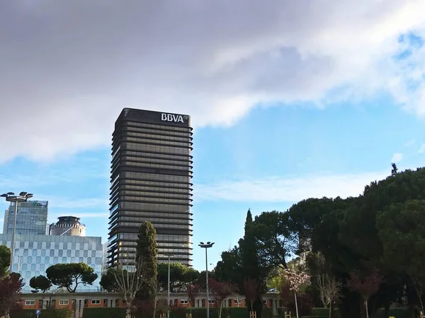 Madrid Spanje 2019 Bbva Bankgebouw Het Azca Financieel Complex Bbva — Stockfoto