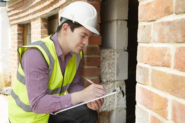 Architect controleert isolatie tijdens woningbouw — Stockfoto