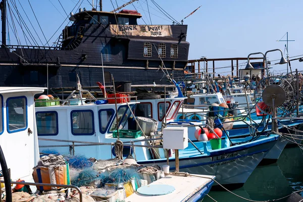Agia Napa Limanı. Limanda tekneler var. Deniz balıkçısı.