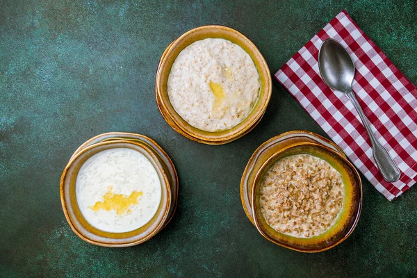 Three Porridge Top View Food Background — Stockfoto