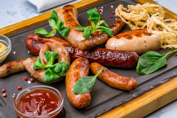 Assorted Sausages Sauces — Stock Photo, Image
