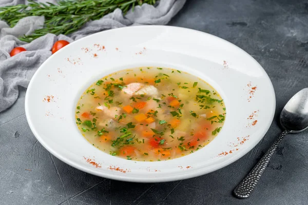 Fischsuppe Auf Weißem Teller Auf Grauem Tisch — Stockfoto