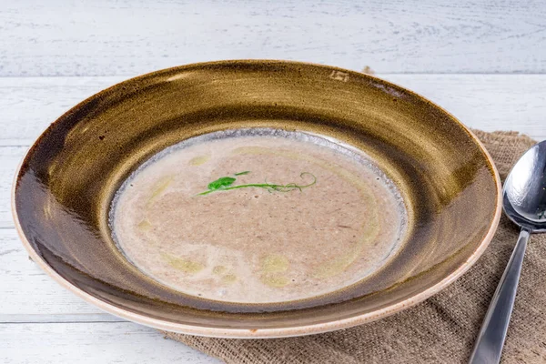 Cream Porcini Mushroom Soup White Wooden Table — Stock Photo, Image