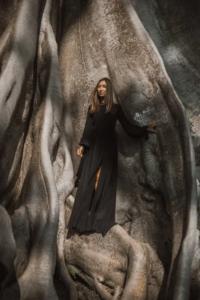 Brunette with long hair posing in a 700 years old tree. Women in long black dress on Banyan tree in summer day. Travel, adventure, eco tourism, in harmony with nature. Bali, Indonesia Fotos de stock