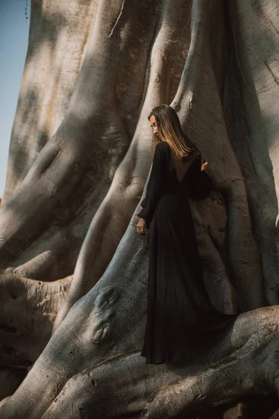 Elegant lady in the long black dress standing at the old banyan Immagine Stock