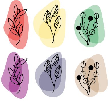 Silhouette. Collection hand drawn, botanical and healing isolated plants.Herbs design template.Twigs and leaves with abstract colorful forms