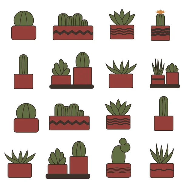 Simple Plants Leaves Pots Houseplants Icon Set — Stockfoto