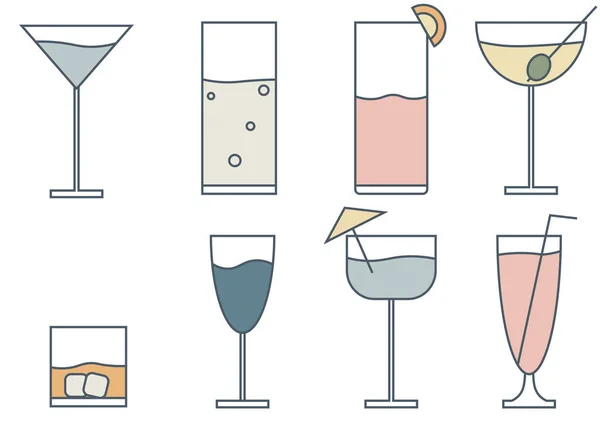 Set of cocktail glasses icons on white background, isolated vector illustration. Simple stylized silhouettes collection. Logotype