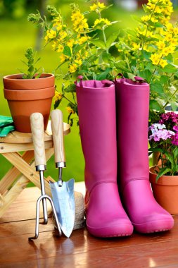 ahşap masa ve yeşil renkli Bahçe aletleri