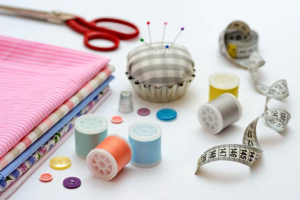 Sewing tools and accessories on table — Stock Photo, Image