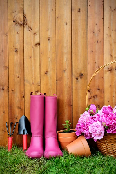 Tuingereedschap en objecten op oude houten achtergrond — Stockfoto