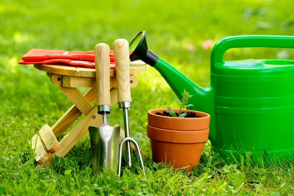 Herramientas de jardinería sobre fondo verde y hierba — Foto de Stock