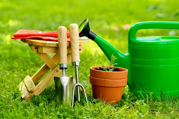 Strumenti di giardinaggio su sfondo verde ed erba — Foto Stock