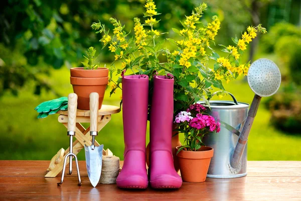 Gardening tools on wooden table and green background — Stock Photo, Image