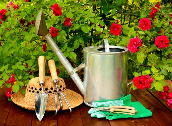 Narzędzia ogrodnicze na drewnianym stole i róża kwiaty tło — Zdjęcie stockowe