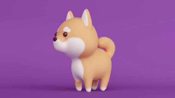 Niedlicher Shiba Inu Hund auf fliederfarbenem Hintergrund. Minimal modernes, nahtloses Bewegungsdesign. 3D-Darstellung — Stockvideo