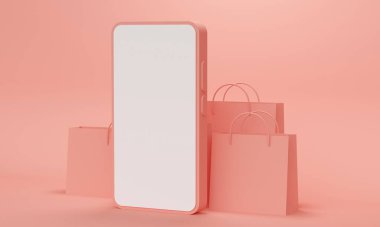 Beyaz ekranlı cep telefonu modeli ve mercan zemininde alışveriş torbaları. 3d oluşturma